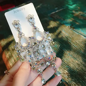 

MENGJIQIAO New Vintage Luxury Colorful Crystal Waterdrop Flower Dangle Earrings For Women Students Elegant Tassel Party Jewelry