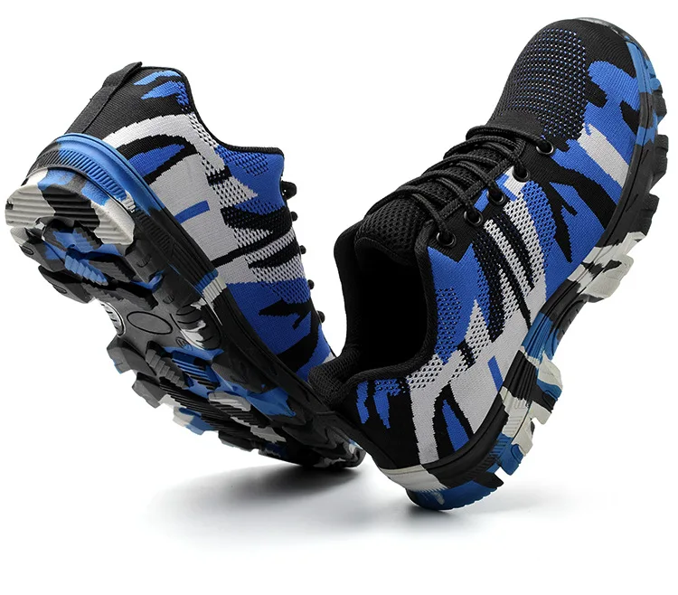 Защитная Рабочая защитная обувь со стальным носком, противоскользящая Мужская камуфляжная сетка, противопроколная защитная обувь для мужчин, походная обувь - Цвет: Синий