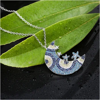 

Fashion 925 Sterling Silver New Moon Star Collar Necklace Paved AAA Zircon Stone Turkish Blue Color Ball Chain Women Jewelry