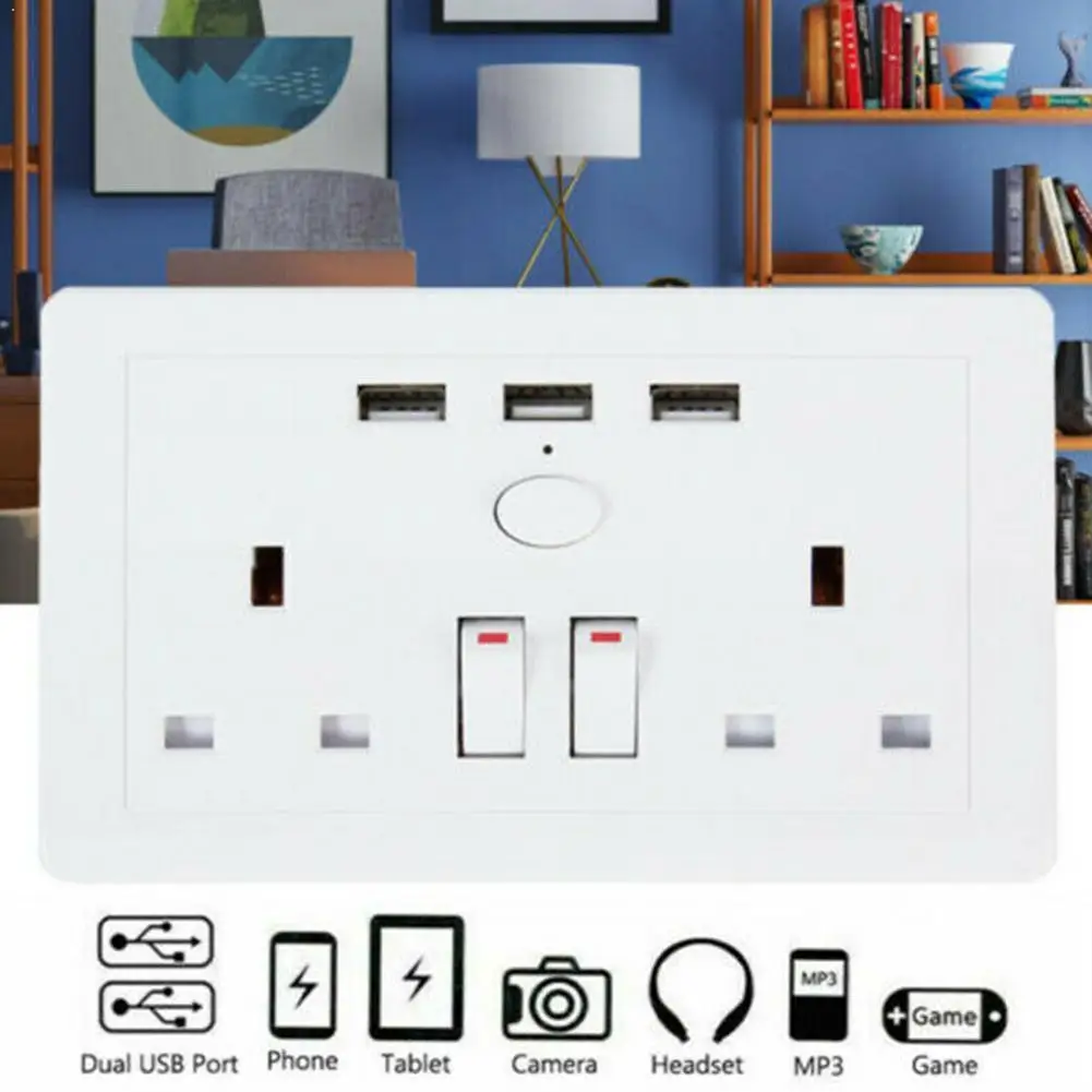 

Multi-functional Double Wall UK Plug Electric Wall Socket 3 13A Gang USB 110~250V 2 Charger Tools AC + Outlet Port Power Y1W9