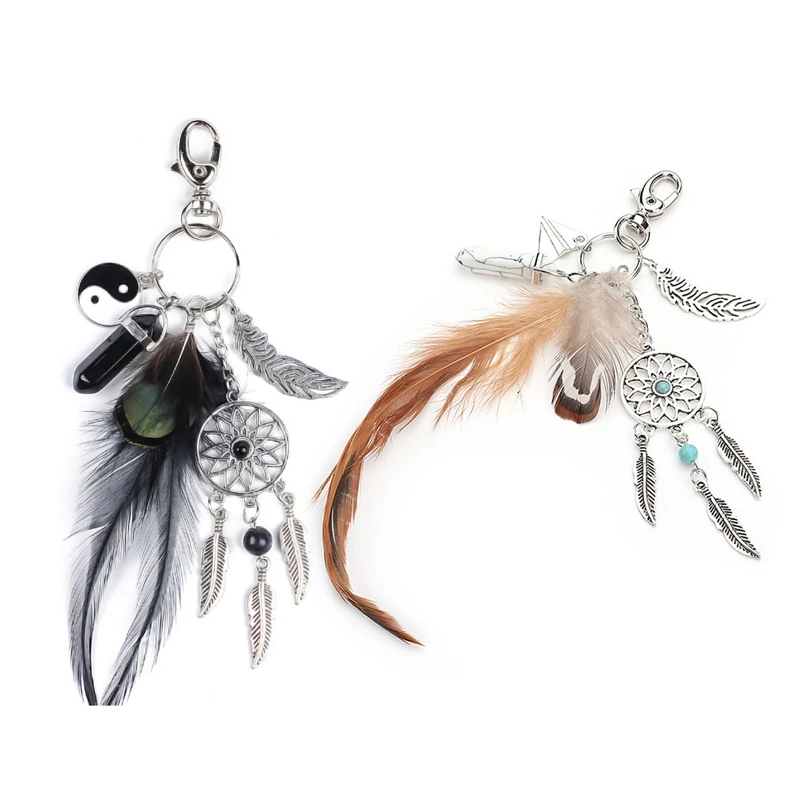 

2 Pcs Dreamcatcher Keyring Bag Charm Fashion Boho Jewelry Feather Keychain, Brown & Black
