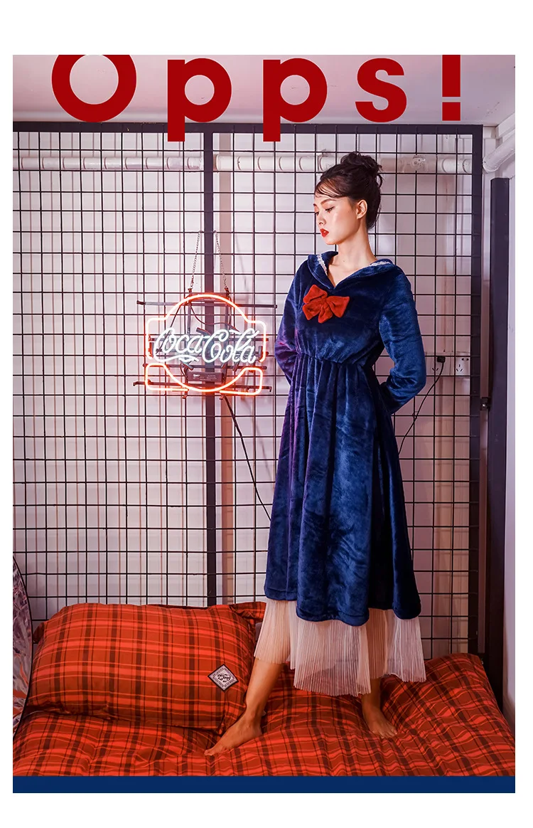 Корейская версия кораллового бархата Женская японская темно-синяя Милая фланелевая Толстая теплая ночная рубашка женская домашняя одежда