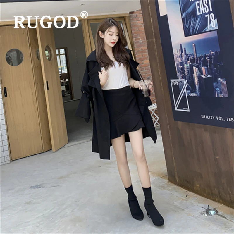RUGOD/Винтажный Тренч, женское корейское двубортное пальто средней длины с поясом, ветровка, женская мода, осенняя верхняя одежда, пальто