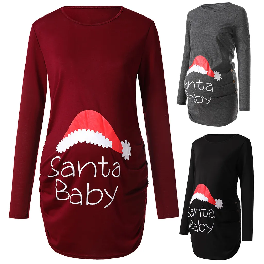Популярные трендовые топы для беременных женщин с принтом Санта Клауса; Одежда для беременных на год и Рождество; рубашка для беременных; одежда