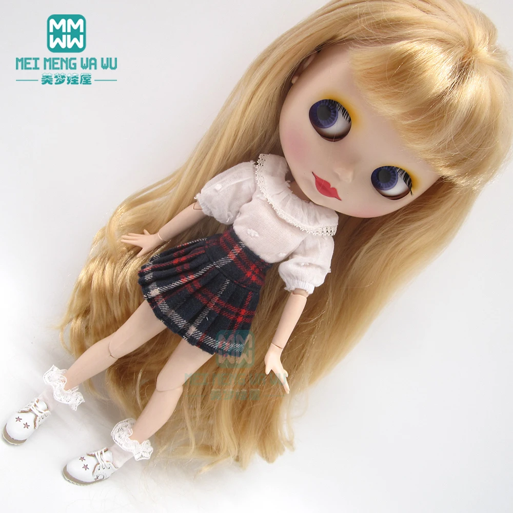 Одежда для куклы Blyth белая рубашка футболка клетчатая юбка кружевные носки Azone OB23