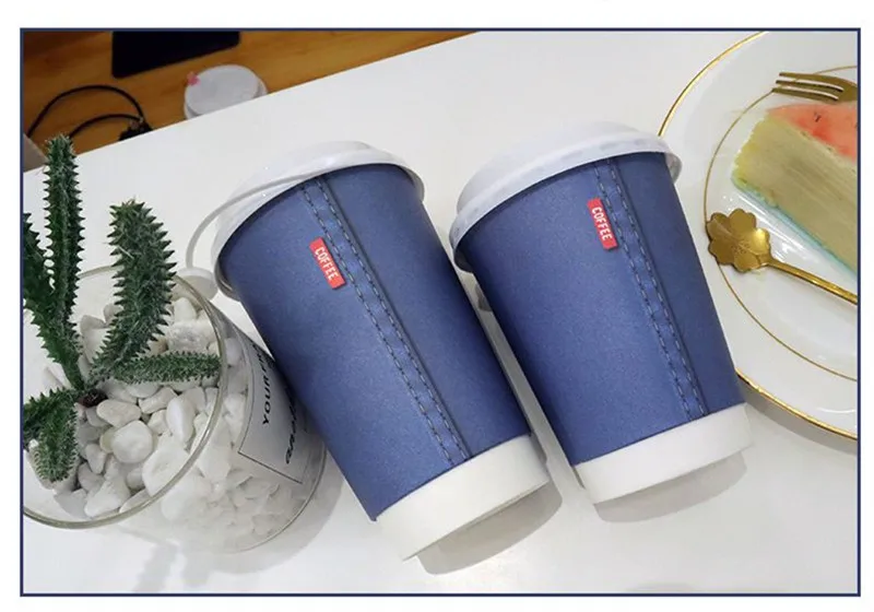 50pcs High quality double thick milk tea paper cup 400ml 500ml disposable coffee cup creative denim color drink cup with lids
