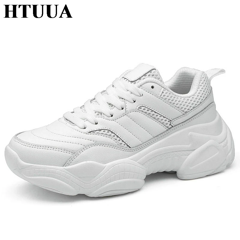 

HTUUA Black White Chunky Sneakers Women Casual Shoes Woman Mesh Leather Platform Sneakers Ladies Trainers tenis feminino SX3140