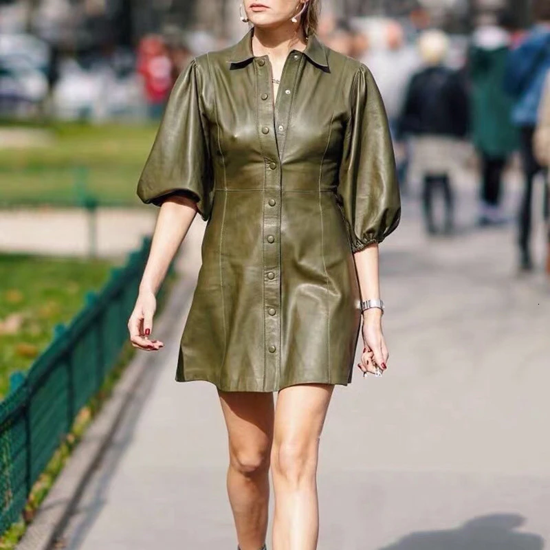 SeeBeautiful Новая мода Осень простой лацкан наполовину спущенный рукав однобортный из искусственной кожи свободное платье для женщин Q093