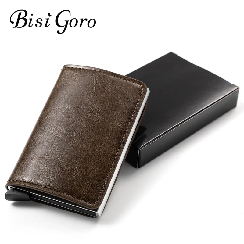 Bisi Goro RFID Блокировка тонкий держатель для карт алюминиевая коробка бизнес с застежкой Чехол для карт металлический тонкий мини кошелек Carteira с коробкой