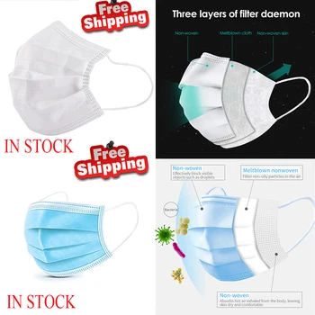 

100pcs Blue White Face Masks Anti Dust Pollution Disposable Filter Masker 3-laye Meltblown Cloth Face Mask Earloops Mouth Masks