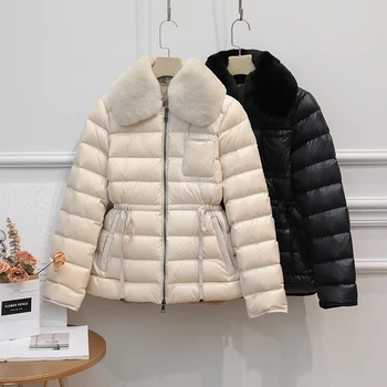 

2020 Winter Ultra Light 90% Duck Down Jacket Women Large Natural Rabbit's Hair White Duck Down Parka Sash Tie Up Warm Coats