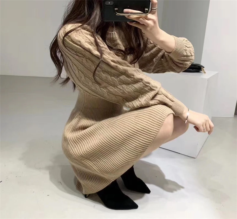 Fashion Autumn Winter Knitted Dress Women Twist Pattern Pleated Dress Elegant Solid Lantern Sleeve Tunic Sweater Dress Vestidos