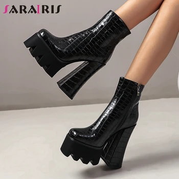

SaraIris Round Toe Zipper Boots Women Black Fashion Boots Ladies Fashion Brand Platform Block Heel Winter Shoes