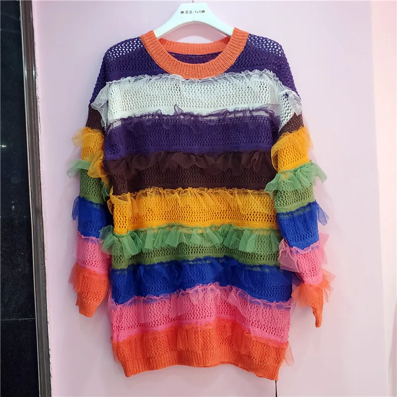 

Loose Sweater for Woman 2020 Early Autumn New Multi-Color Stripe Mesh Ruffles Knitted Sweater Rainbow Jumper Lady Plus Size Pull
