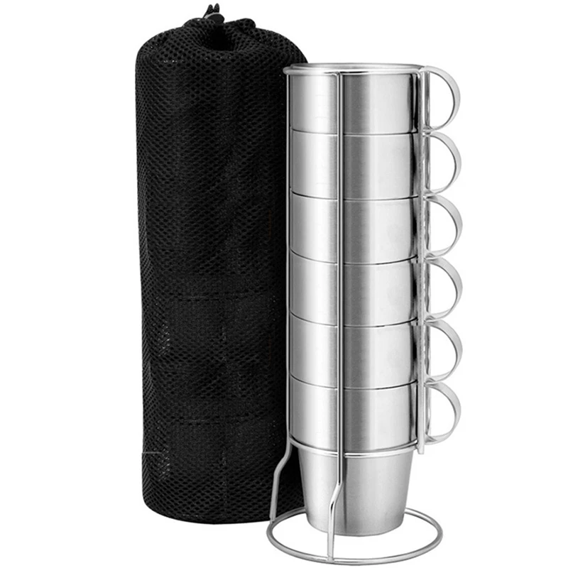 Set Stainless Steel Coffee Cups Water Tea Mugs Stackable with Stackable Rack 