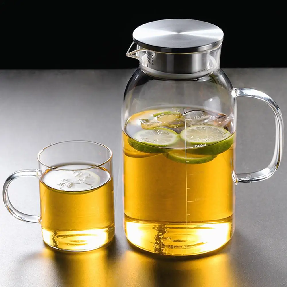 Glass Water Pitcher High Temperature Resistance with Handle Lid Thickened Pitcher for Kitchen Home Office Use
