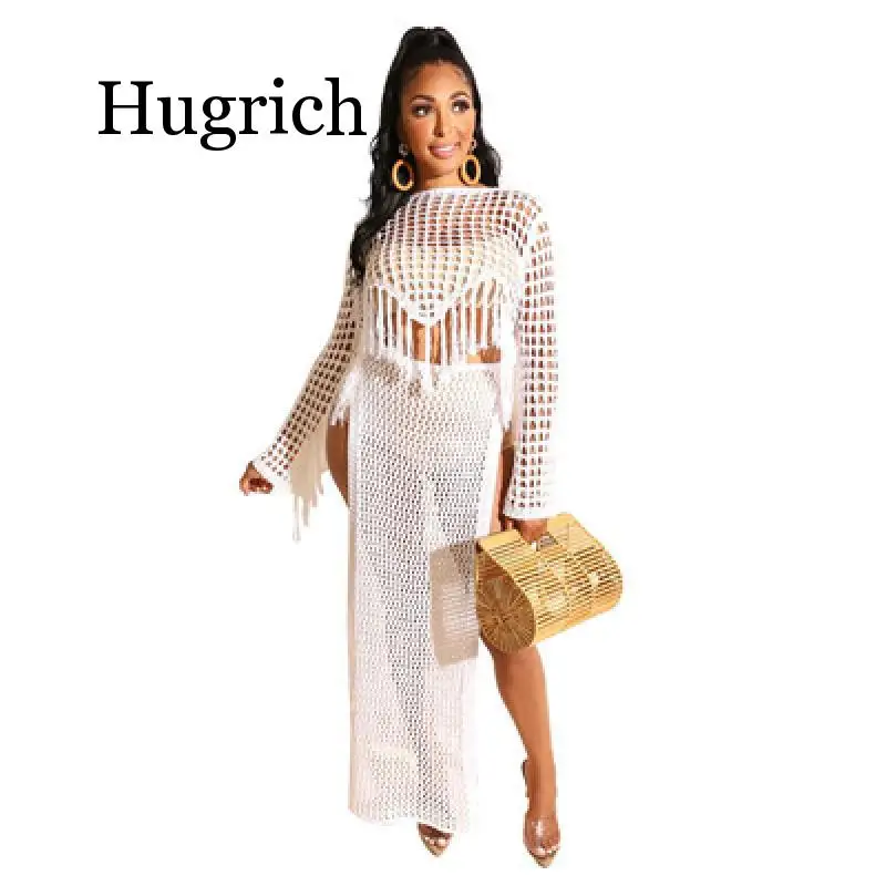 

2020 Hollow Out Knitted Two Piece Set Dress Long Sleeve Tassel Crop Top High Slit Maxi Skirt Casual Women Clothing Beach Wear