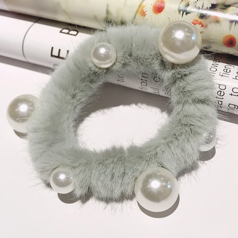 light green Модные женские плюшевые резиновые ленты эластичные резинки для волос имитация жемчуга конский хвост держатель FS99 - Окраска металла: light green