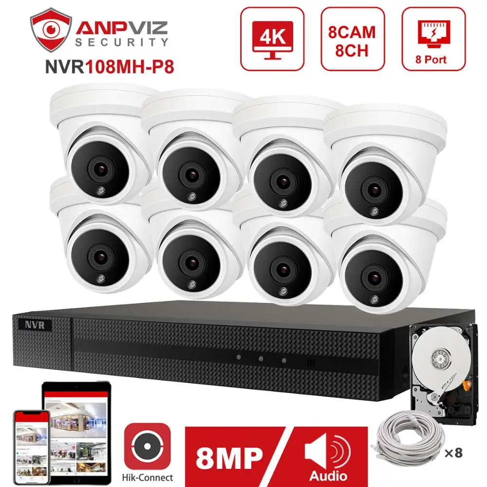 8CH 4K Hikvion OEM POE NVR комплект камер видеонаблюдения Система 4/6/8 шт 8MP Башня