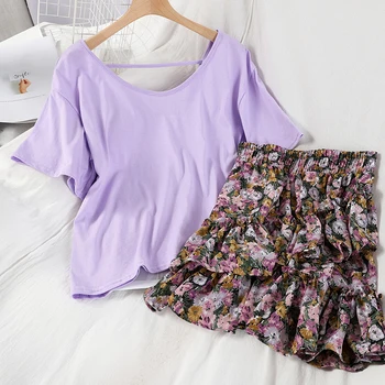 

Fashion Suit Women Two Piece Sets Summer Korean Sweet Backless T-shirt + Elastic High Waist Floral Skirt Vintage Woman Outfit