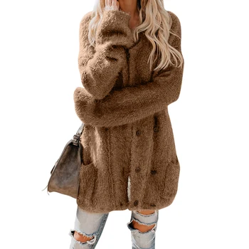 

Casual Thickened Long Sleeve Fashion Women Coat Warm With Pockets Winter Button Down Double Breasted Outwear Solid Fuzzy Knitted