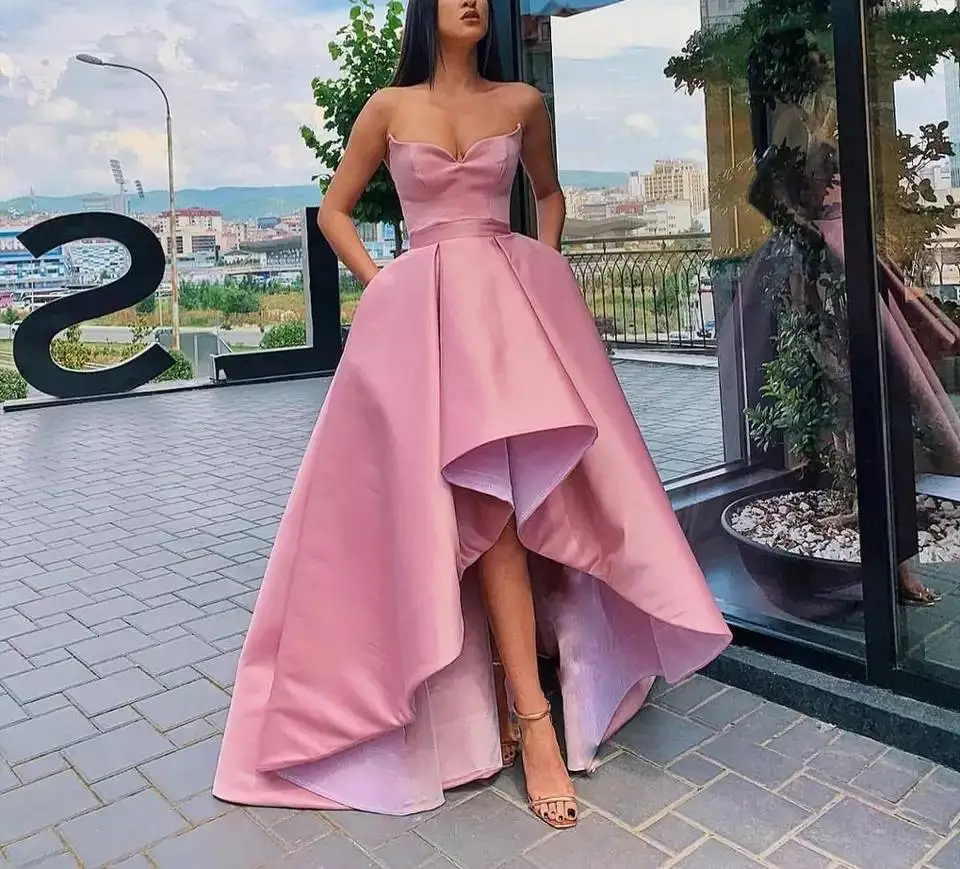 

High-low strapless prom party evening dresses vestido de noiva sereia gown robe de soiree prom party simple satin lace-up