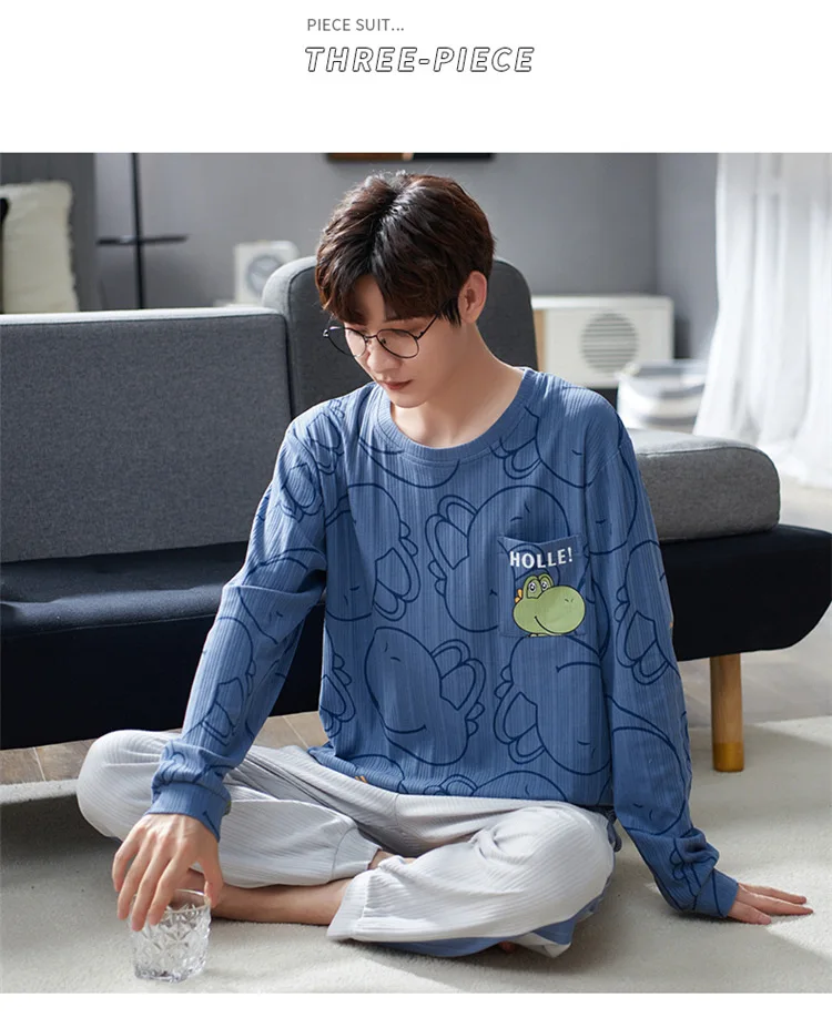 Autumn New Men Cotton Two Piece Pants Suit Soft Comfortable Leisure Sleepwear Loose Casual Daily Lounge Pajamas Set Nightclothes mens cotton pyjamas