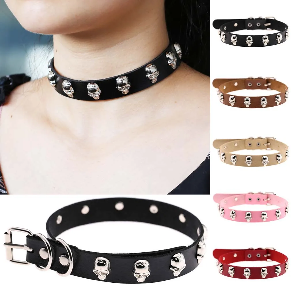 

Europe And America Harajuku Punk Skull Leather Chyer Street Rock And Roll Cosplay Necklace Neck Band Necklace