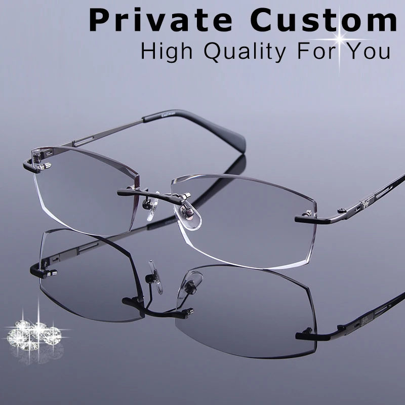 

Business Style Men's Rimless Eyeglasses Diamond Cutting Reading Glasses Optical Prescription Clear Computer Myopia