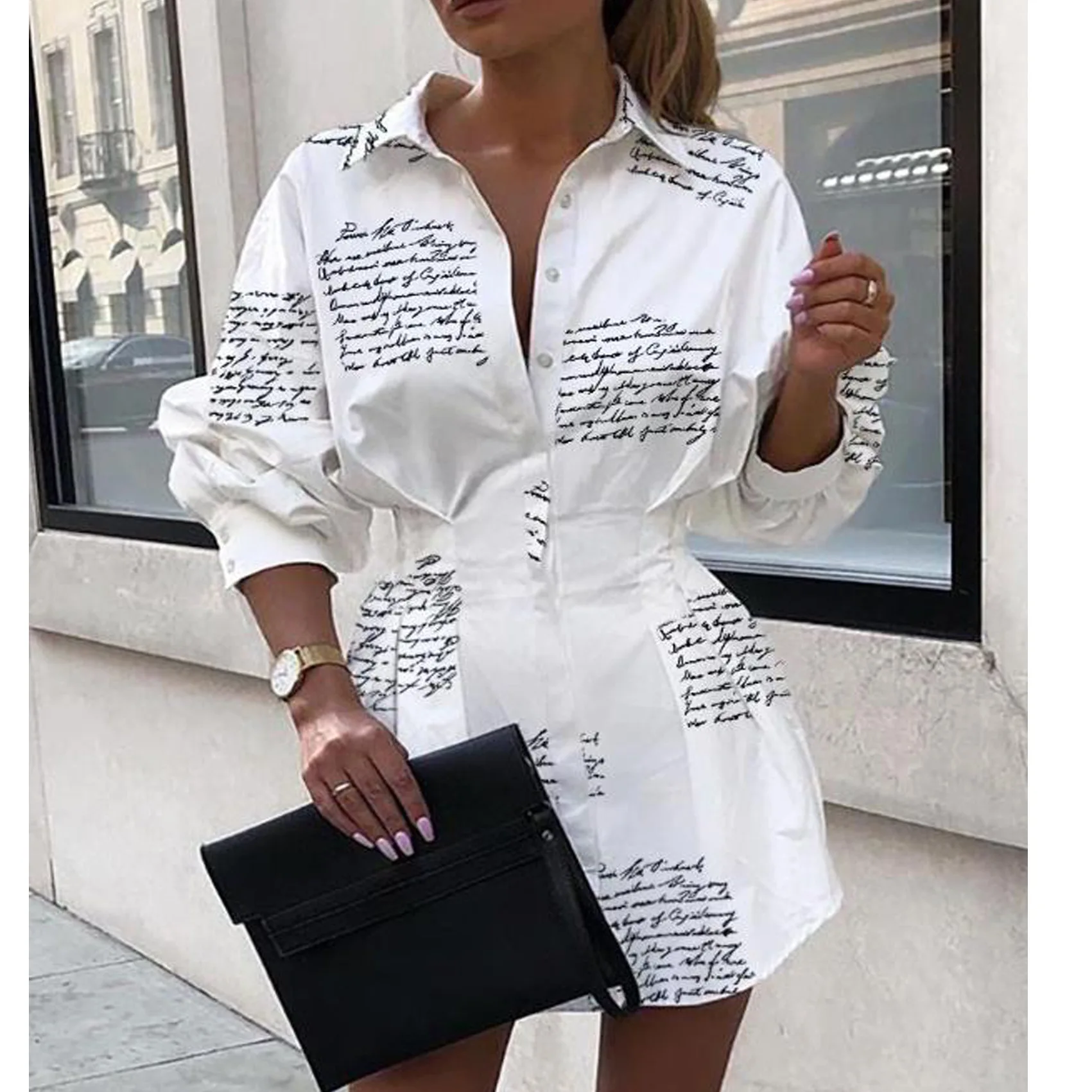 

Mazefeng 2019 New Women Letter Print Tight Waist Shirt Dress Female Turn-down Collar Casual Shirts Women Loose Long Style Tops