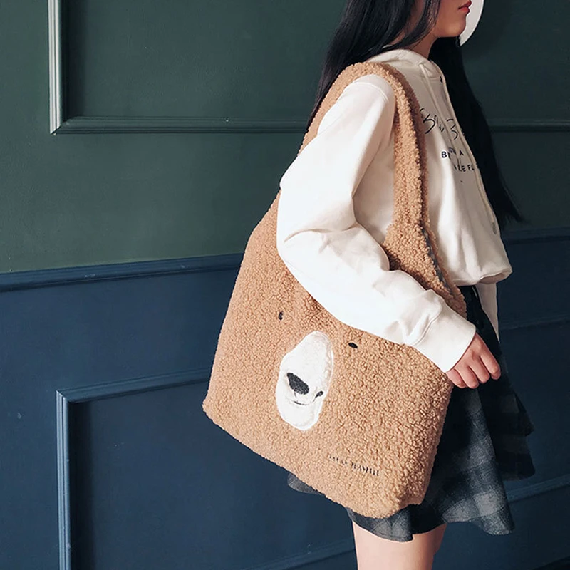 

Winter Women Lamb Fabric Shoulder Bag Canvas Handbags Tote Large Capacity Embroidery Shopping Bags bear Cute Book Bags For Girls