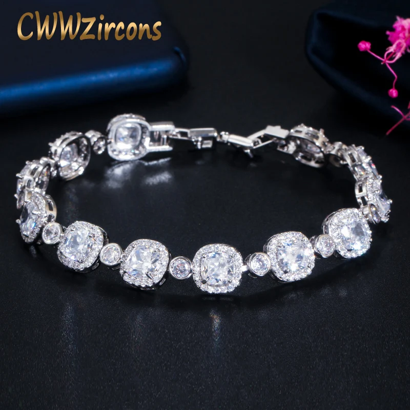 CWWZircons Classic Princess Cut Shiny White Cubic Zirconia Bangle Bracelet for Women Luxury Wedding Party Femme Jewelry CB219