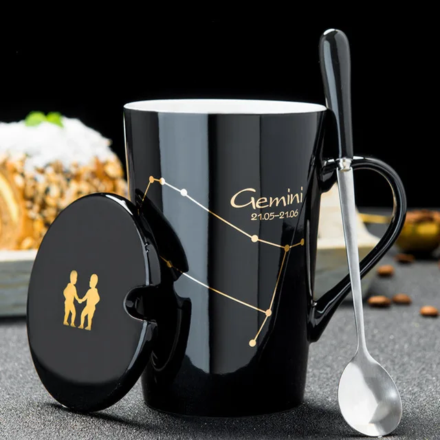 Креативная 12 созвездие керамическая кружка чашка с крышкой Ложка Зодиак пара чашка кофе молоко чай чашка офисная настольная посуда для напитков 1106 - Цвет: Black Gemini
