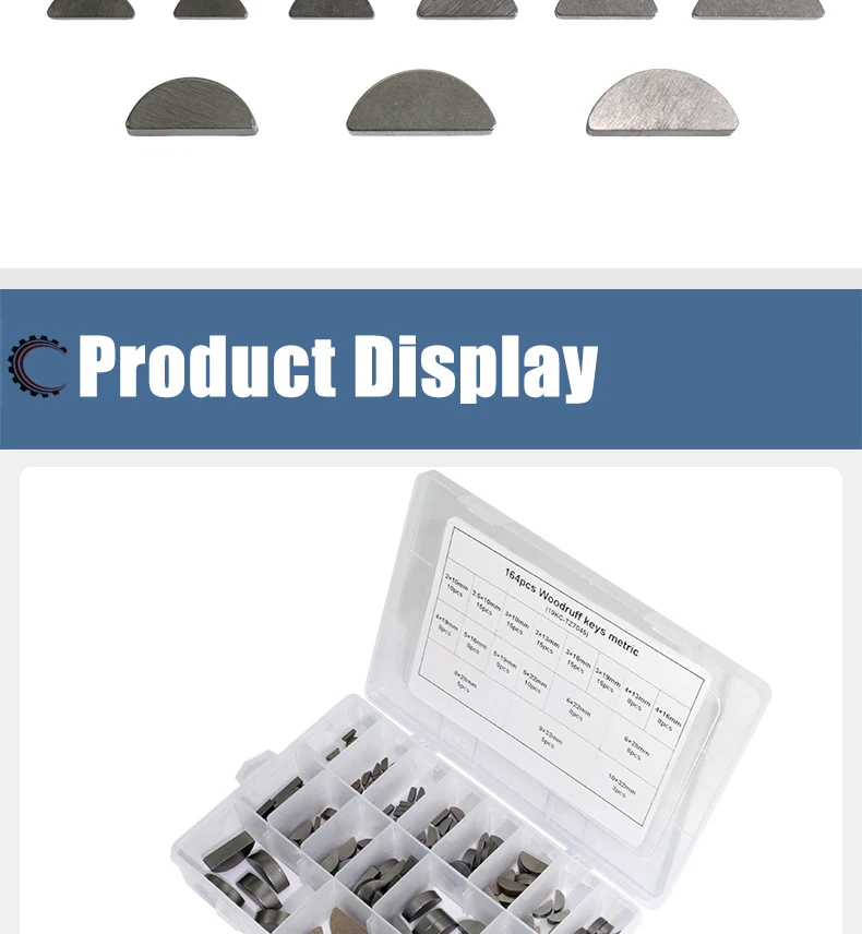 164pcs Carbon Steel Woodruff Key Set Semicircle Bond Key Assortment Kit Different 17 Sizes Fasteners Mechanical Industry