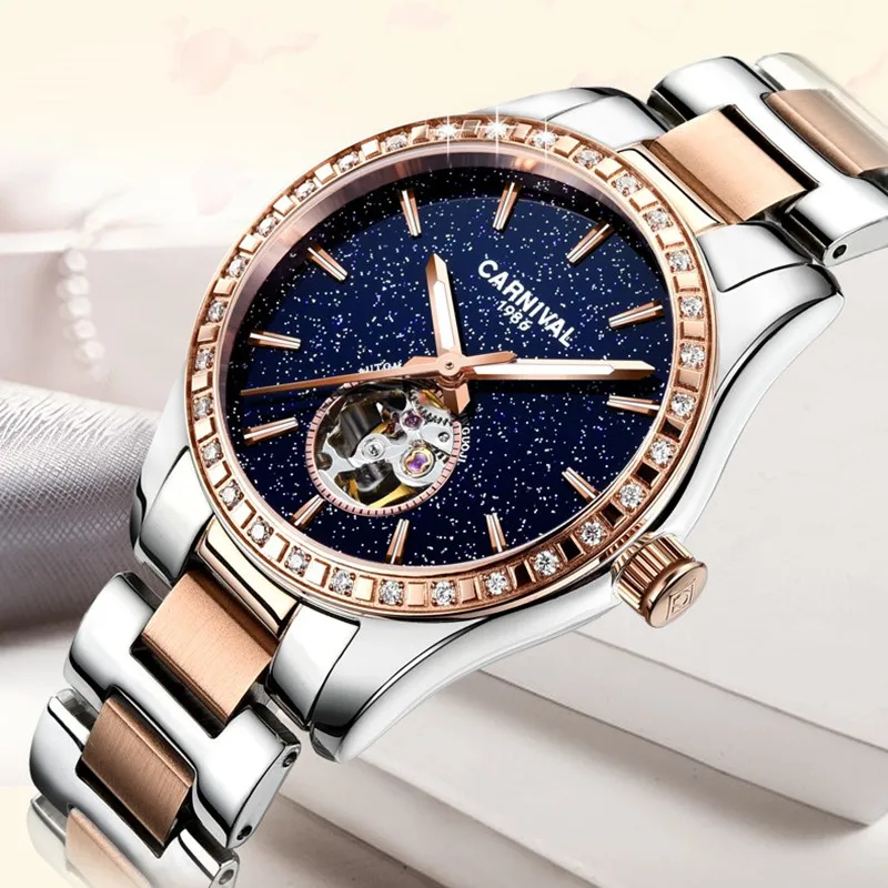 CARNIVAL Brand Mechanical Watches for Women Ladies Luxury Rose Gold Silver Automatic Wrist Watch Waterproof Luminous Reloj Mujer