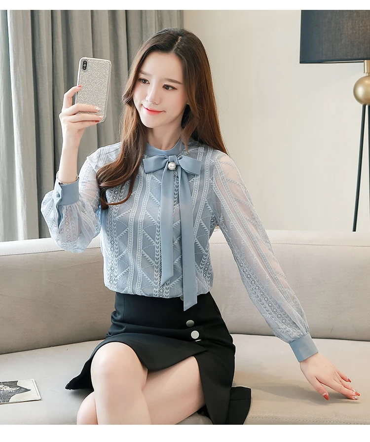 Новые осенние кружевные шифоновые тонкие женские рубашки Blusas Mujer De Moda, однотонные милые женские блузки с длинным рукавом и бантом размера плюс 6646 50