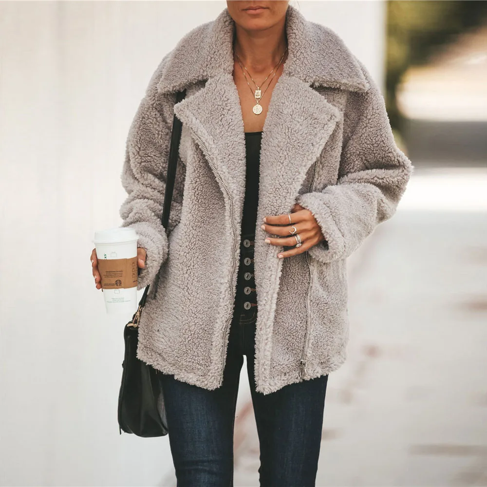 

2019 Teddy Fleece Jacket Sherpa Fleece Turn Down Color Zipper Cardigan Winter Autumn Fluffy Tops Women Fake Fur Coats