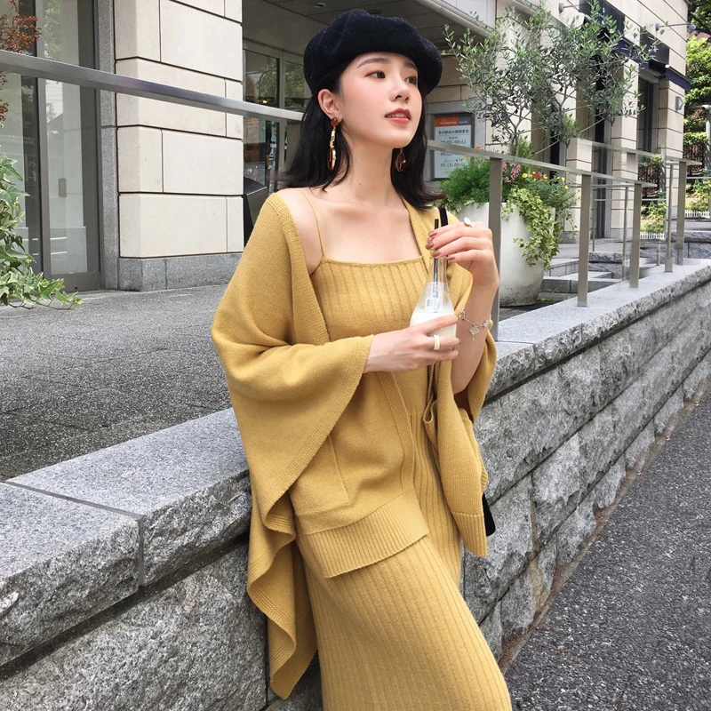 BGTEEVER стильный свитер, спортивный костюм, вязаные кардиганы и платье на бретелях, женский свитер, комплект, вязаный костюм, зимний женский комплект из 2 предметов - Цвет: yellow