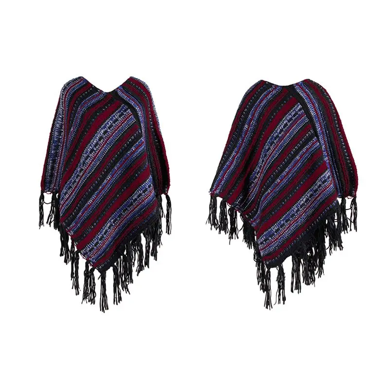 Пончо Накидки женские зимние теплые Boho полосатые шали с кисточками Вязаная кашемировая шаль модный элегантный свитер