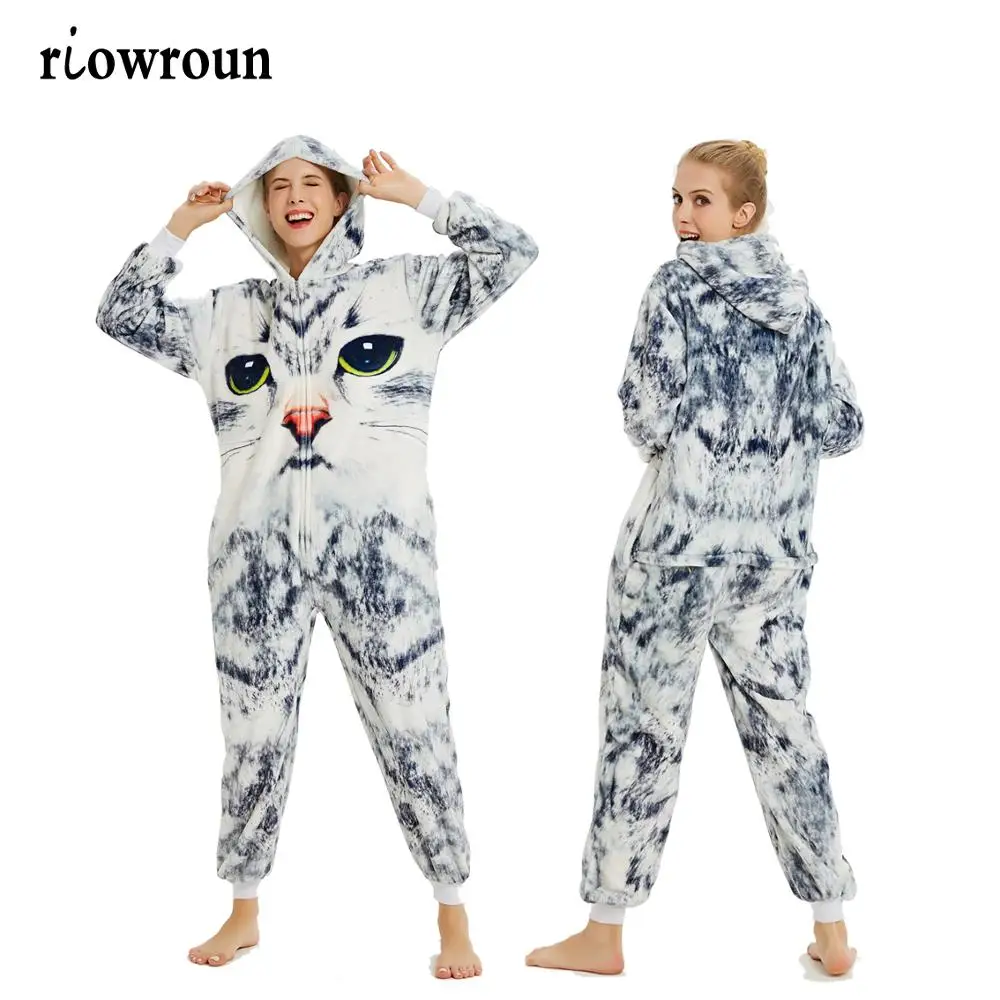 Cat Для взрослых Аниме Хэллоуин Косплей Костюм единорога Onesie женские костюмы мультфильм животных пижамы Стич Покемон зима - Цвет: Cat