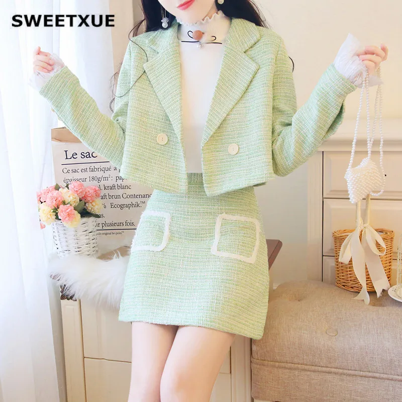 

SWEETXUE Fashion Female Set Autumn Small Fragrance Temperament Tweed Short Jacket + Slim High Waist pocket Skirt Two-Piece Suit