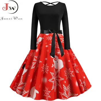 

Print Winter Christmas Dress Women Autumn Long Sleeve Vintage Robe Pinup Elegant Party Dress Casual Plus Size Black Red Vestidos