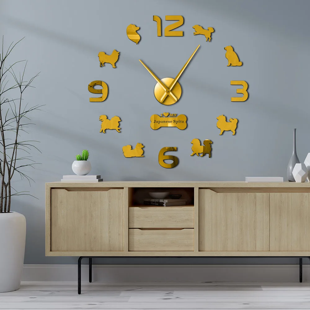 Puppy Pet Shop DIY Silent Frameless Giant Wall Clock Japanese Spitz Dog Timepiece Non ticking Watch Home Living Room Decor | Дом и сад
