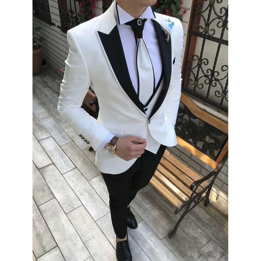 Latest White Suits for Wedding Tuxedos Groom Wear Black Peaked Lapel Groomsmen Outfit Man Blazers 3 Pieces Costume Homme