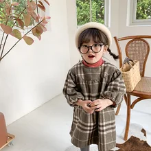Клетчатые платья с рукавами-фонариками для девочек, зимняя одежда для маленьких девочек детское платье-трапеция с круглым вырезом и флисом для малышей