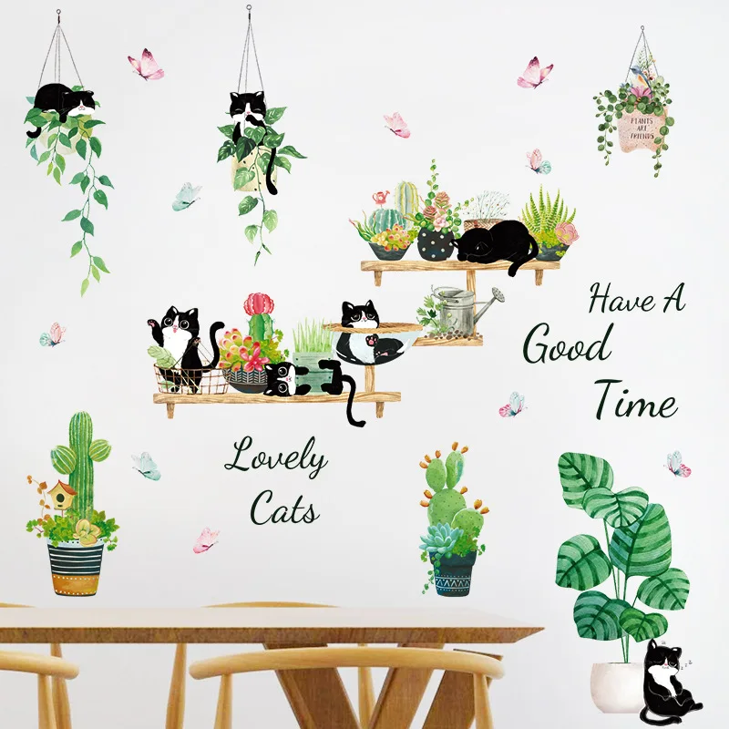 Plantes en Pot Vertes Cactus Sticker Mural Mignon Chat Noir