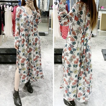 

New V-neck Flowers Print Women Midi Dress Side Split Female Long Dresses With Buttons Female pleated Robes