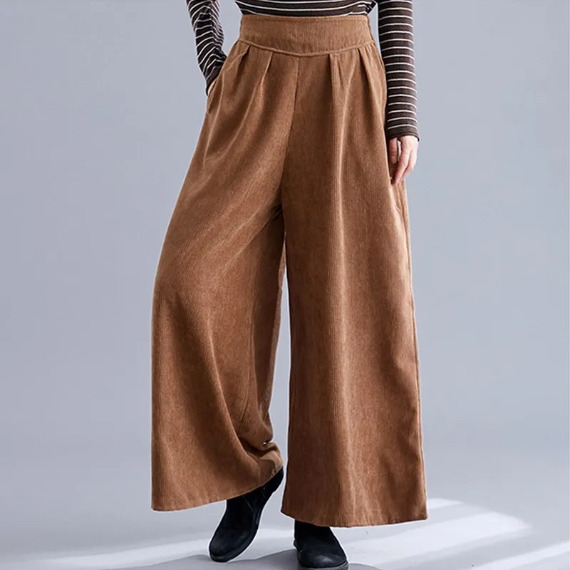 Коричневый Mferlier Autumn New Corduroy Pants Women Solid Elastic High Waist Navy Blue Purple Brown Ladies Stylish Slim Wide Leg Pants - Цвет: Коричневый