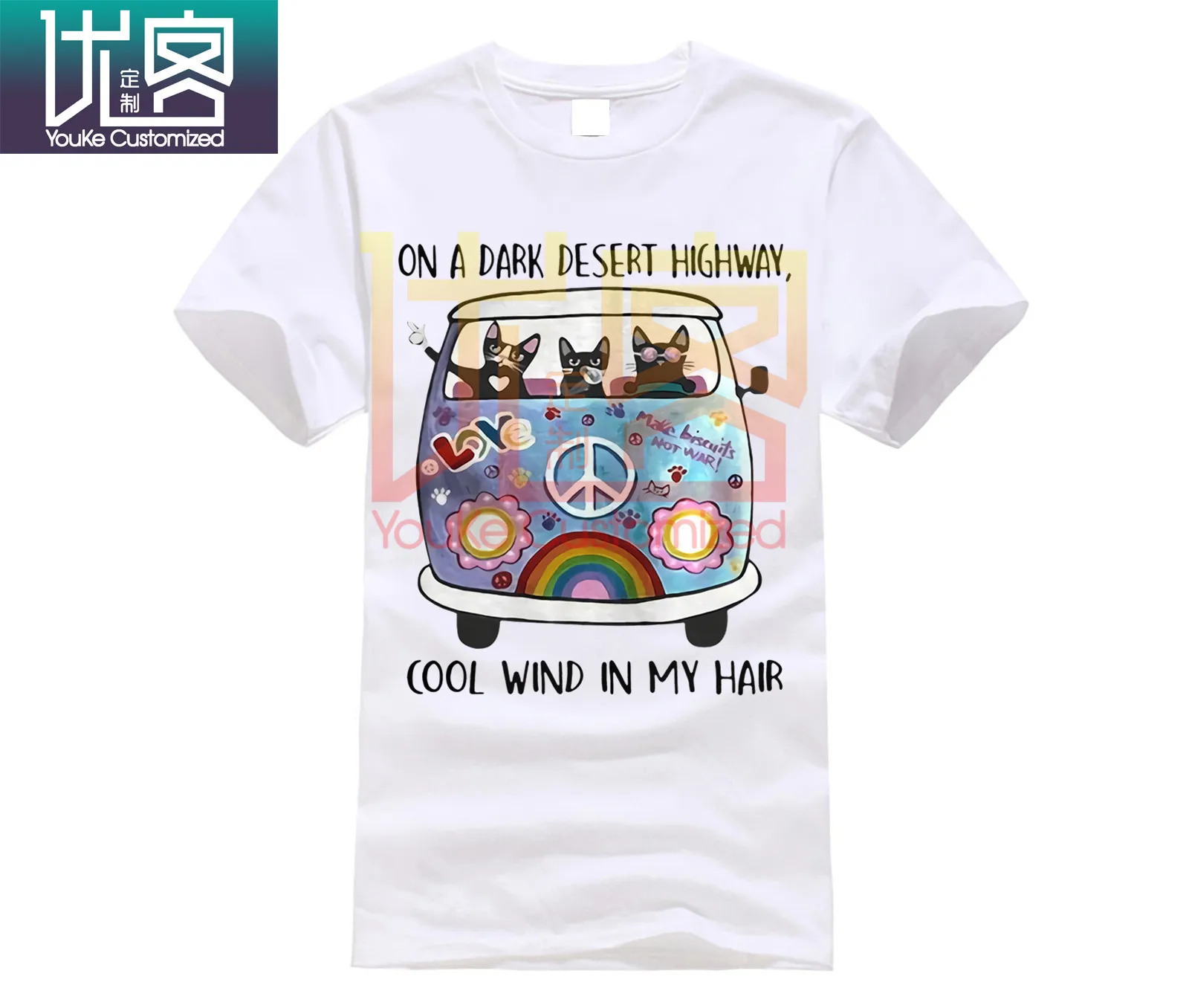 

On A Dark Desert Highway Cool Wind In My Hair Cat T-shirts Tee US cotton trend