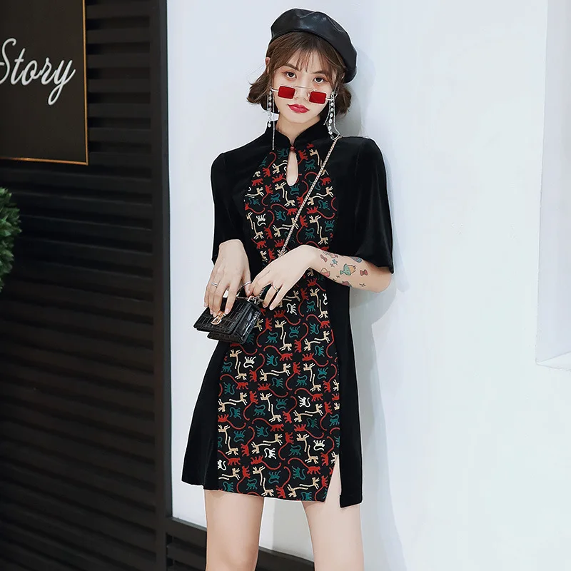 Cheongsam новое осеннее и зимнее модное ретро улучшенное платье cheongsam короткое повседневное тонкое бархатное платье cheongsam китайское платье